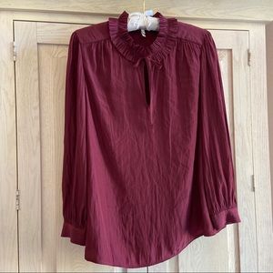 Joie Burgundy Ruffle Collar Puff Sleeve Blouse | Size XXS